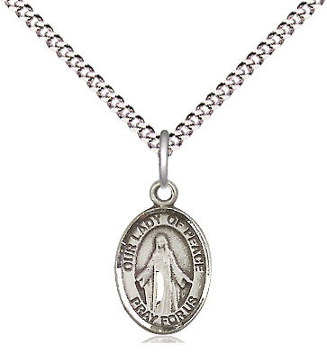 Sterling Silver Our Lady of Peace Pendant on a 18 inch Light Rhodium Light Curb chain