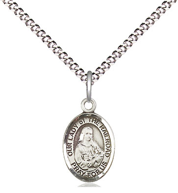 Sterling Silver Our Lady of the Railroad Pendant on a 18 inch Light Rhodium Light Curb chain