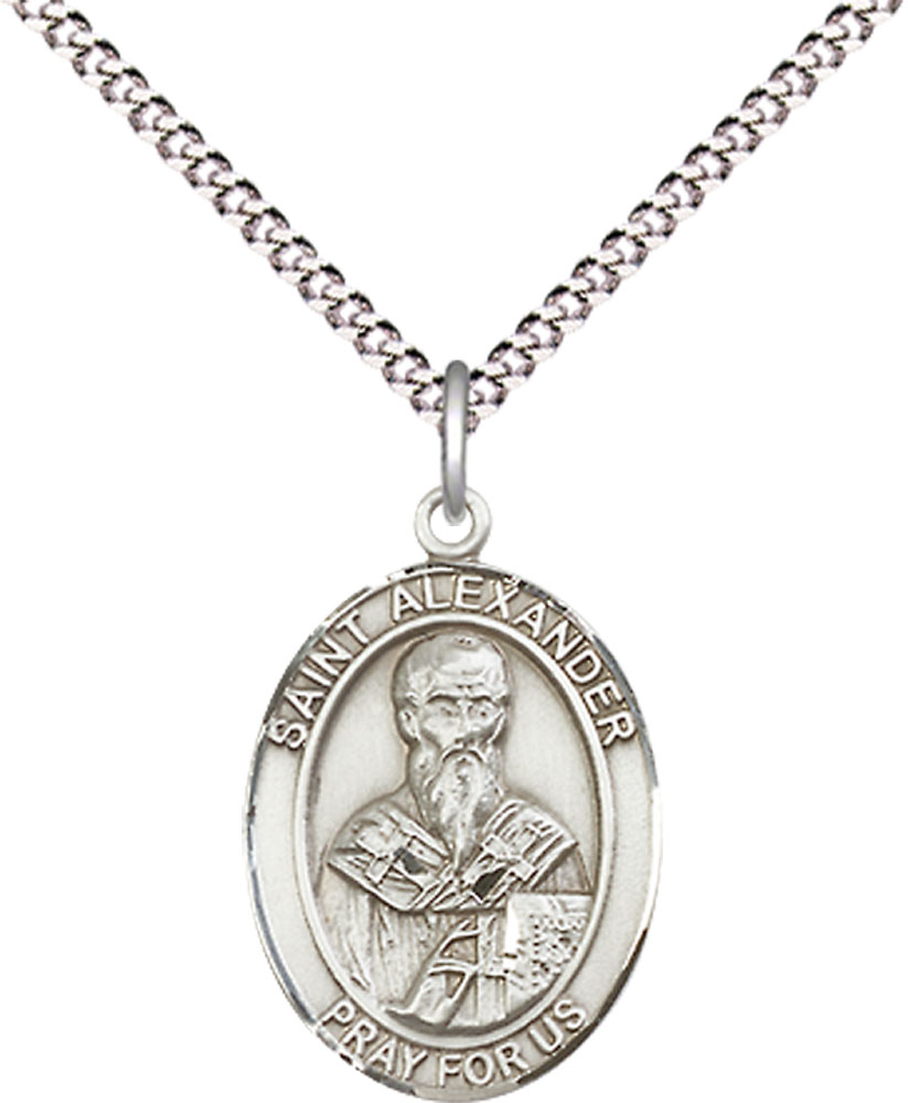 Sterling Silver Saint Alexander Sauli Pendant on a 18 inch Light Rhodium Light Curb chain