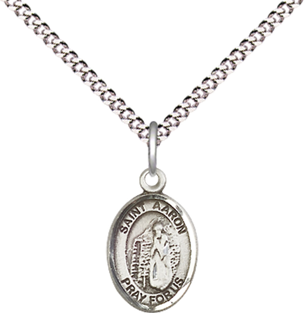 Sterling Silver Saint Aaron Pendant on a 18 inch Light Rhodium Light Curb chain