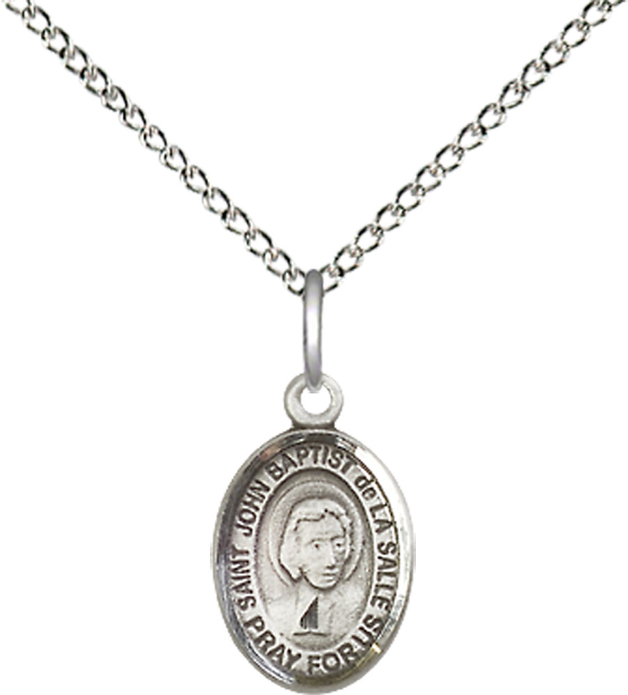 Sterling Silver Saint John Baptist de la Salle Pendant on a 18 inch Sterling Silver Light Curb chain