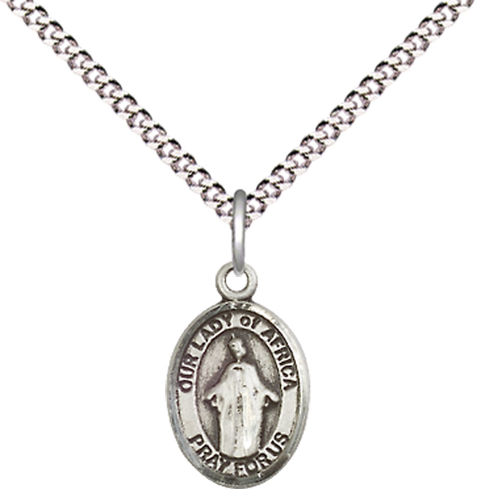Sterling Silver Our Lady of Africa Pendant on a 18 inch Light Rhodium Light Curb chain