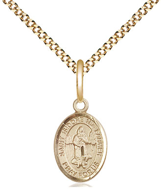 14kt Gold Filled Saint Isidore the Farmer Pendant on a 18 inch Gold Plate Light Curb chain