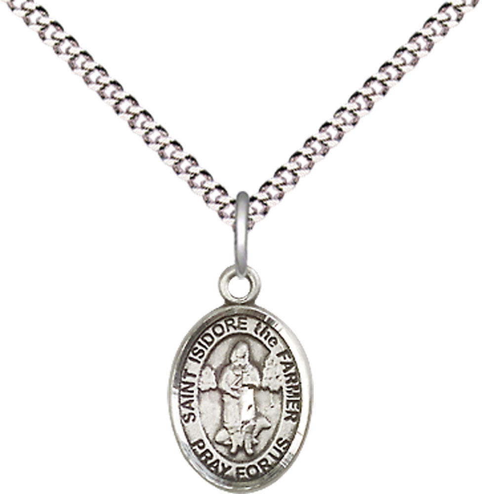 Sterling Silver Saint Isidore the Farmer Pendant on a 18 inch Light Rhodium Light Curb chain