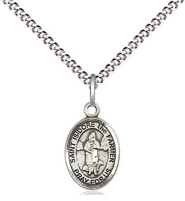 Sterling Silver Saint Isidore the Farmer Pendant on a 18 inch Light Rhodium Light Curb chain