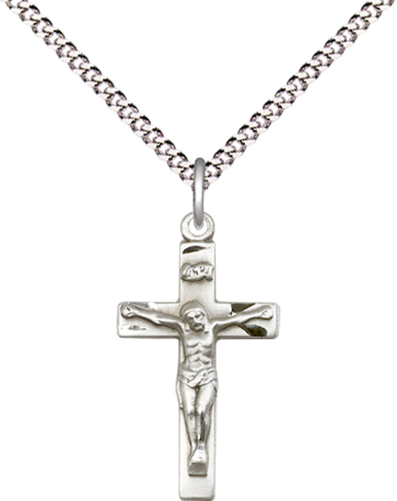 Sterling Silver Crucifix Pendant on a 18 inch Light Rhodium Light Curb chain