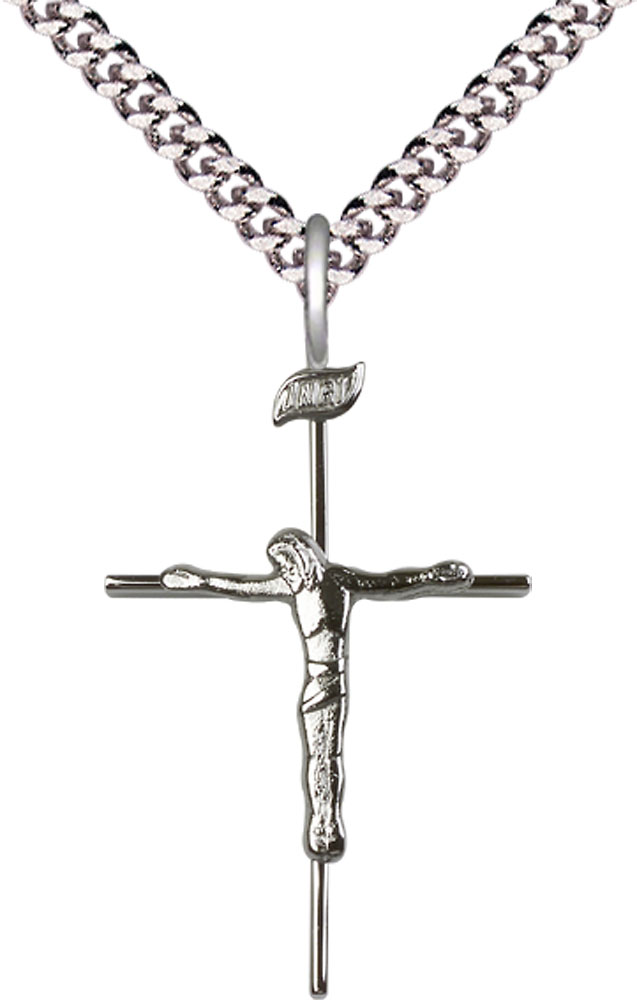 Sterling Silver Crucifix Pendant on a 24 inch Light Rhodium Heavy Curb chain