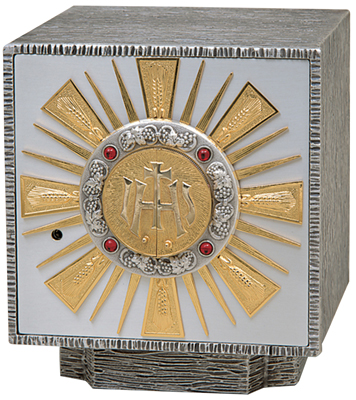 Tabernacle.  Oxidized silver with gold rays. Four ruby stones.  24k bright gold plated inside.  Outside dimensions: 11-1/4?H. x 9-3/4?W. x 9-3/4?D.  Door opening: 8-1/2?H. x 8-1/4?W. Wt. 36 lbs.  Silver as shown.