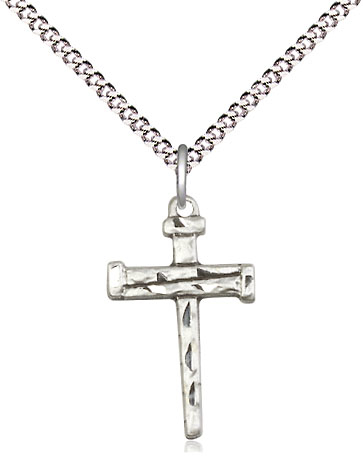 Sterling Silver Nail Cross Pendant on a 18 inch Light Rhodium Light Curb chain