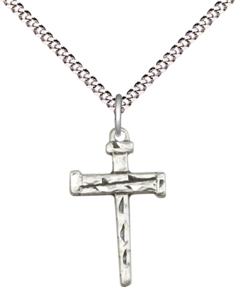 Sterling Silver Nail Cross Pendant on a 18 inch Light Rhodium Light Curb chain