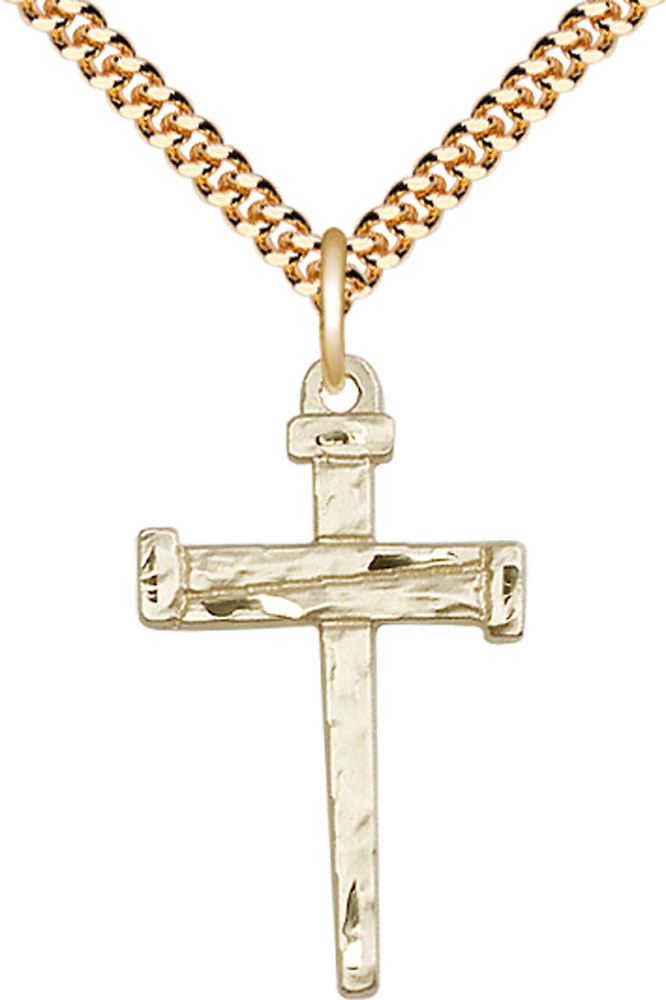 14kt Gold Filled Nail Cross Pendant on a 24 inch Gold Plate Heavy Curb chain
