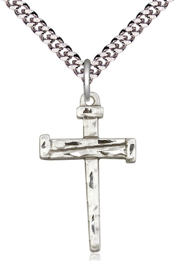 Sterling Silver Nail Cross Pendant on a 24 inch Light Rhodium Heavy Curb chain