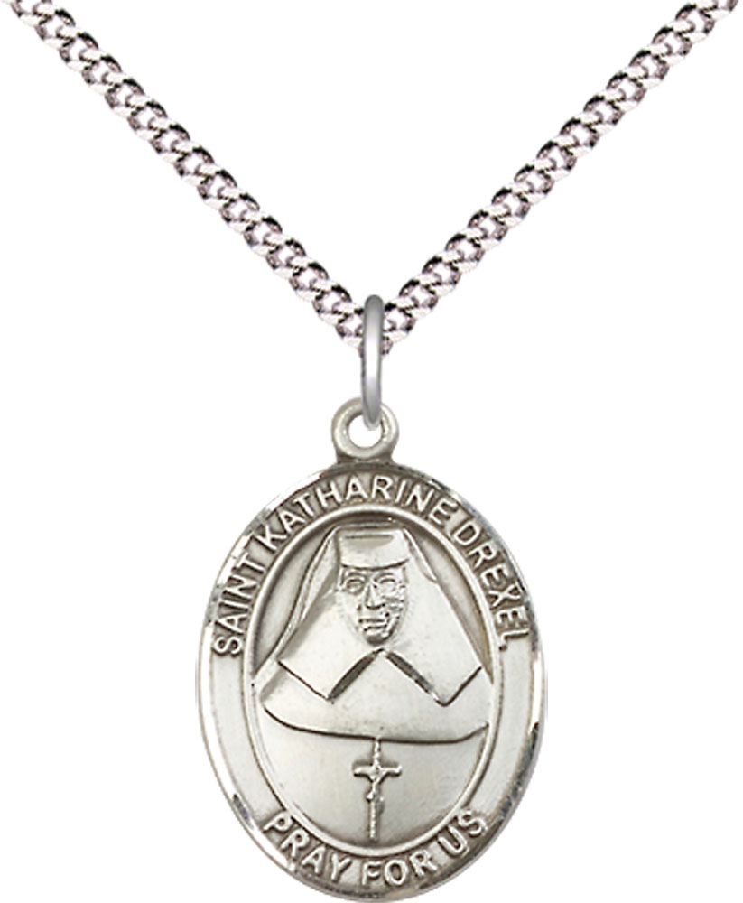 Sterling Silver Saint Katharine Drexel Pendant on a 18 inch Light Rhodium Light Curb chain
