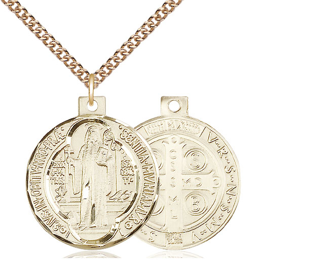 14kt Gold Filled Saint Benedict Pendant on a 24 inch Gold Filled Heavy Curb chain