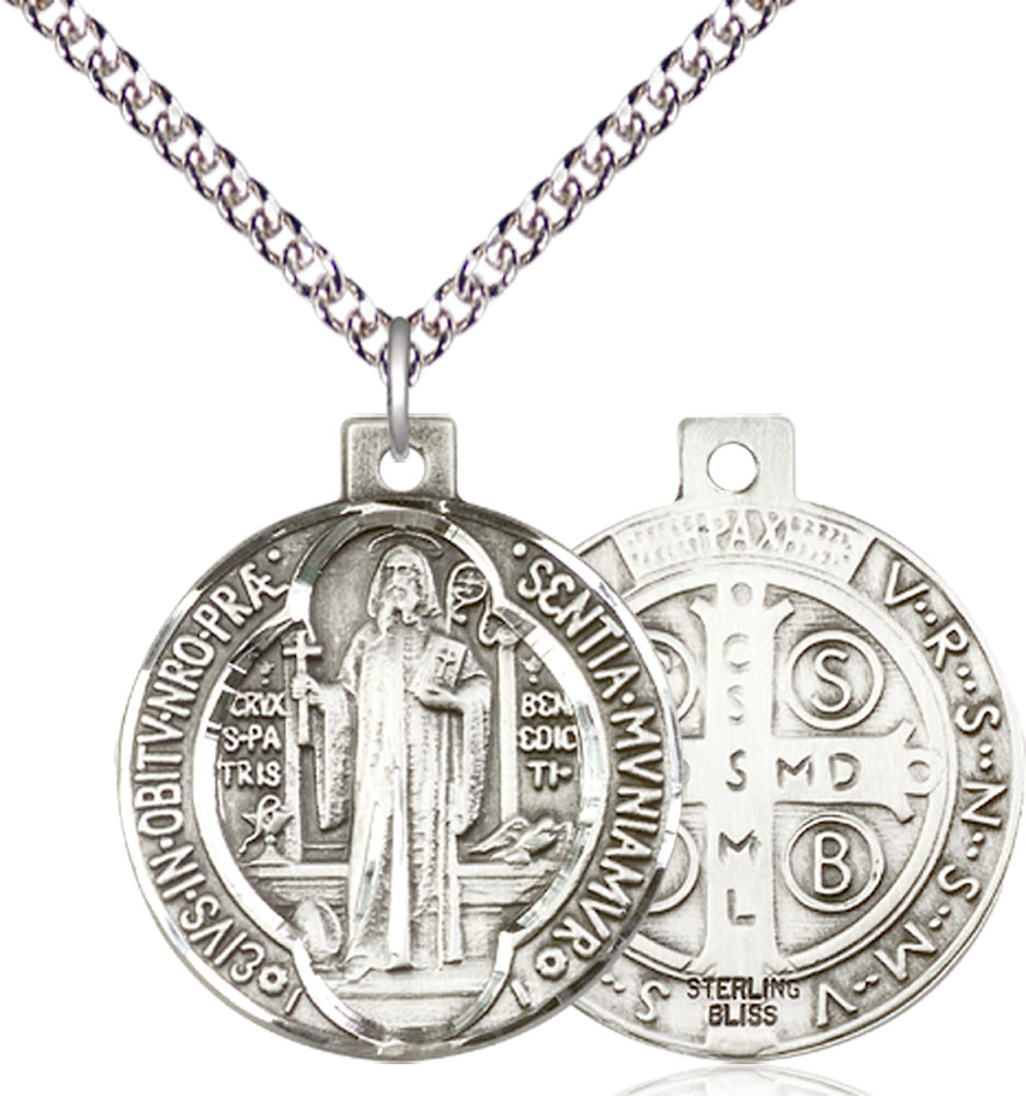 Sterling Silver Saint Benedict Pendant on a 24 inch Sterling Silver Heavy Curb chain