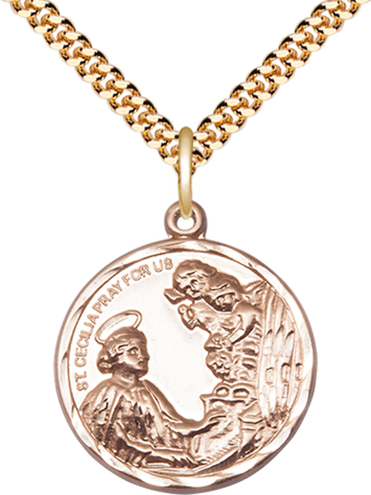 14kt Gold Filled Saint Cecilia Pendant on a 24 inch Gold Plate Heavy Curb chain