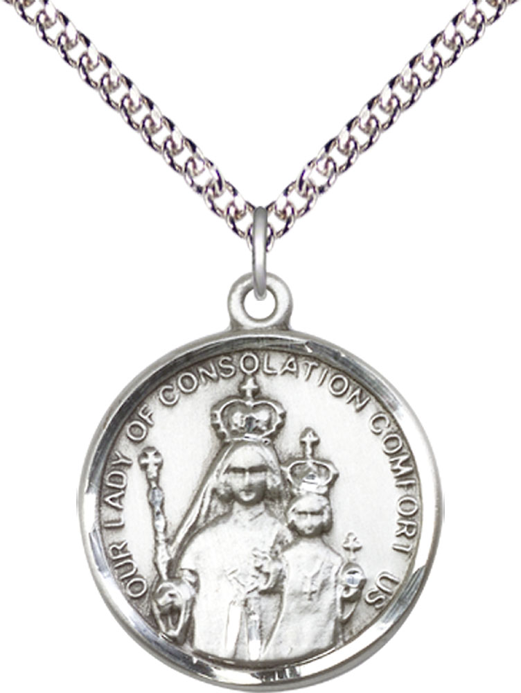 Sterling Silver Our Lady of Consolation Pendant on a 24 inch Sterling Silver Heavy Curb chain