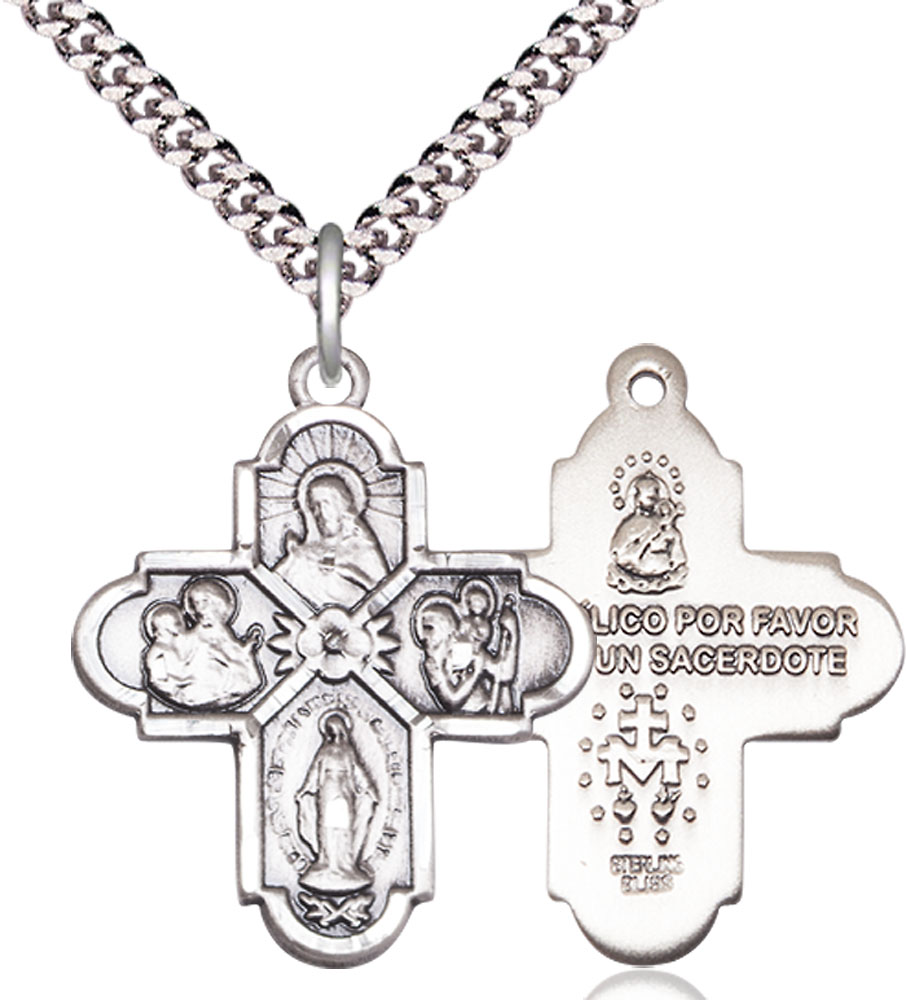 Sterling Silver 4-Way Pendant on a 24 inch Light Rhodium Heavy Curb chain