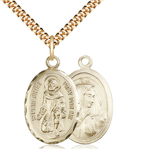 14kt Gold Filled Saint Peregrine Pendant on a 24 inch Gold Plate Heavy Curb chain