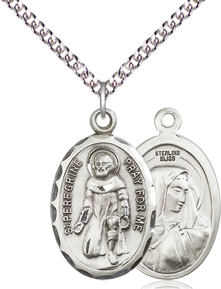 Sterling Silver Saint Peregrine Pendant on a 24 inch Sterling Silver Heavy Curb chain