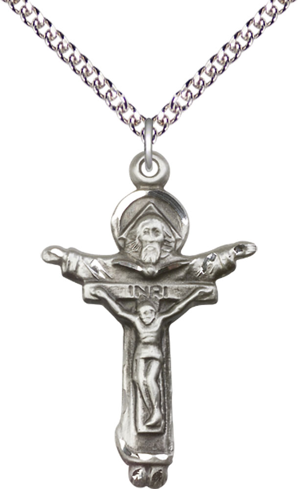 Sterling Silver Trinity Crucifix Pendant on a 24 inch Sterling Silver Heavy Curb chain