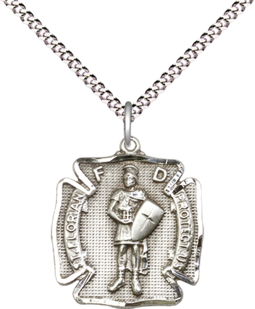 Sterling Silver Saint Florian Pendant on a 18 inch Light Rhodium Light Curb chain