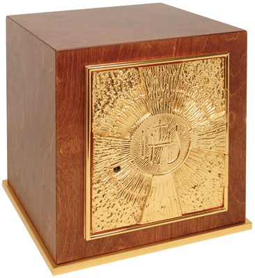 Tabernacle.  Wood with 24k gold plate door, base frame and interior.  24k bright gold plated inside.  11?H. x 10?W. x 10?D  Door opening: 7?H. x 6-1/2?W.  Wt. 19 lbs.