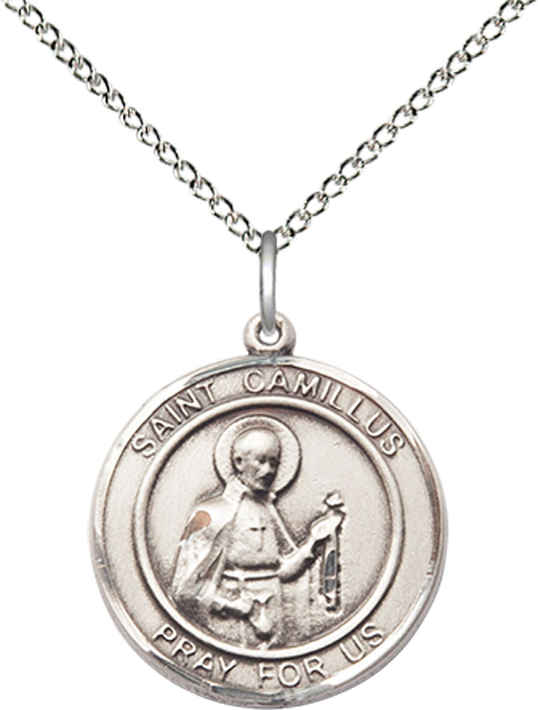 Sterling Silver Saint Camillus of Lellis Pendant on a 18 inch Sterling Silver Light Curb chain