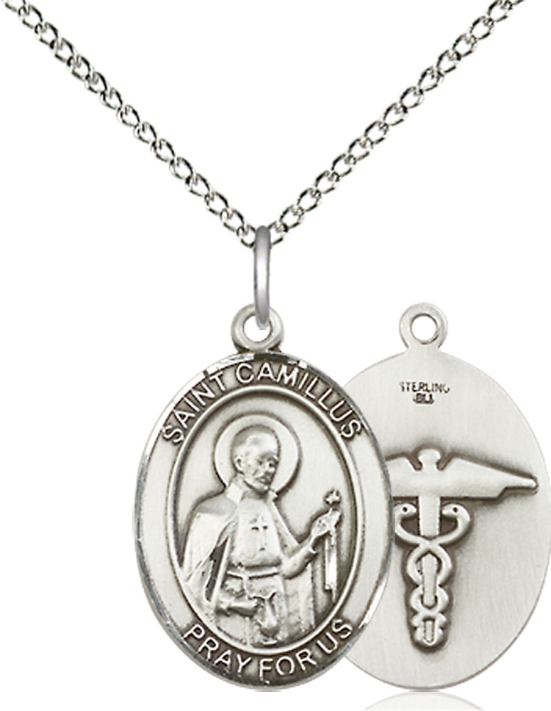 Sterling Silver Saint Camillus of Lellis Nurse Pendant on a 18 inch Sterling Silver Light Curb chain