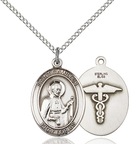Sterling Silver Saint Camillus of Lellis Nurse Pendant on a 18 inch Sterling Silver Light Curb chain