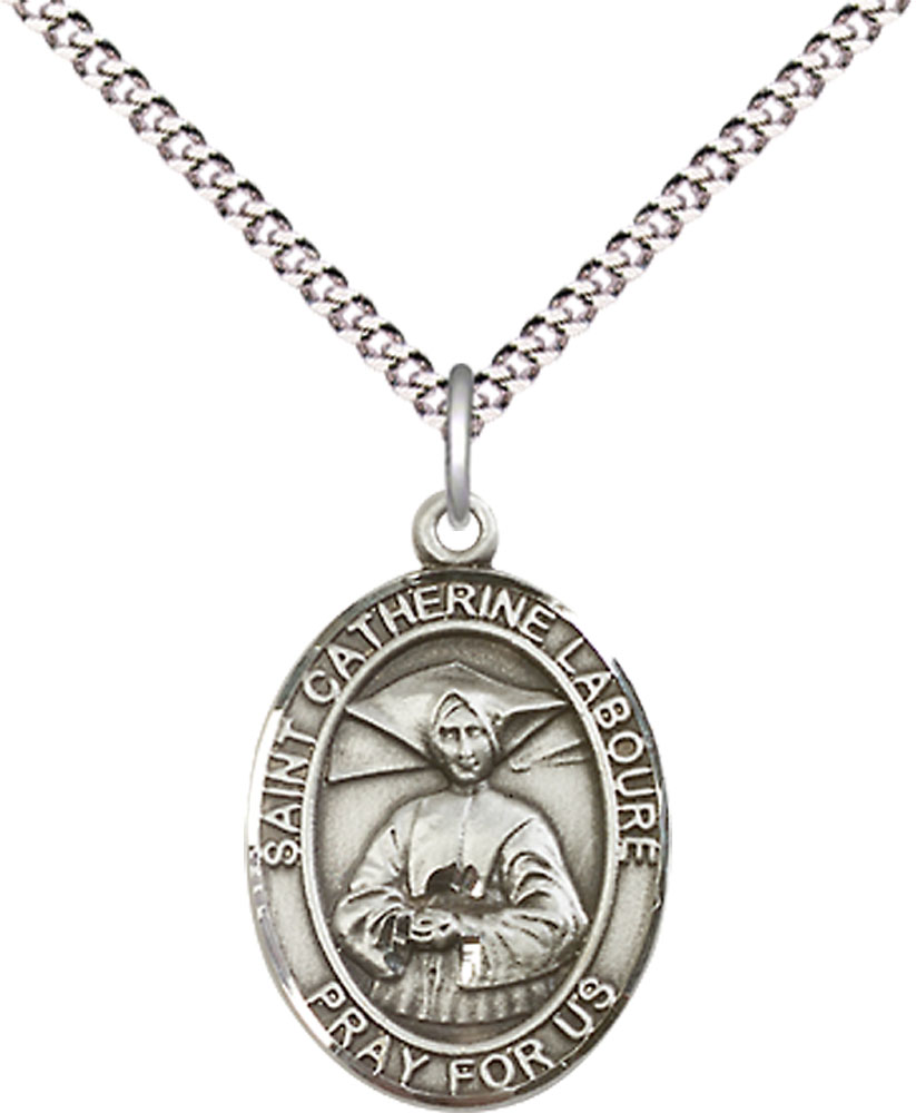 Sterling Silver Saint Catherine Laboure Pendant on a 18 inch Light Rhodium Light Curb chain