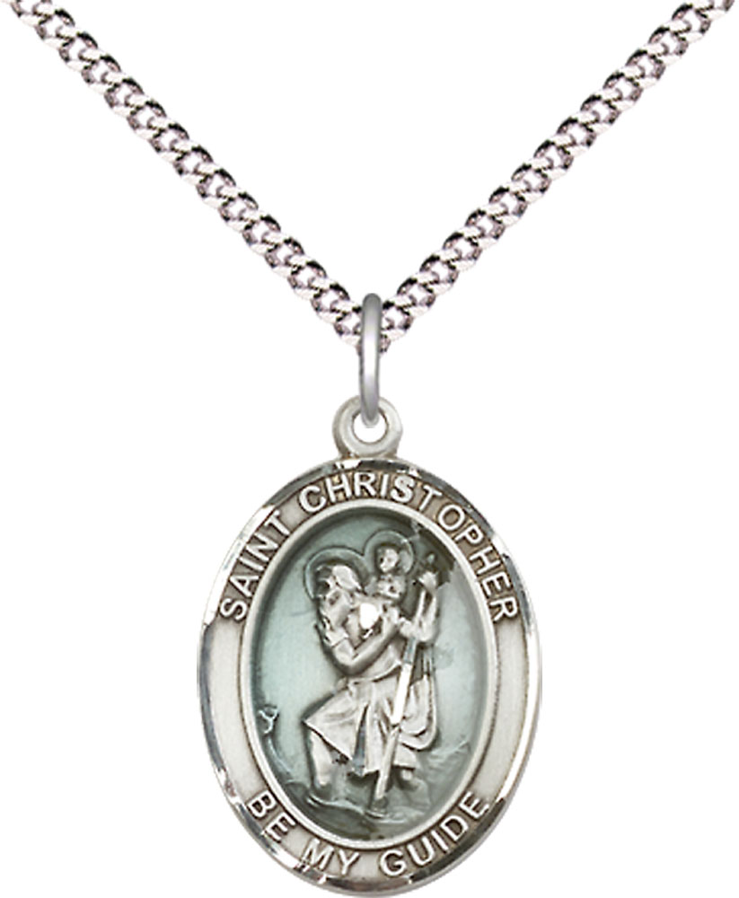 Sterling Silver Saint Christopher Pendant on a 18 inch Light Rhodium Light Curb chain