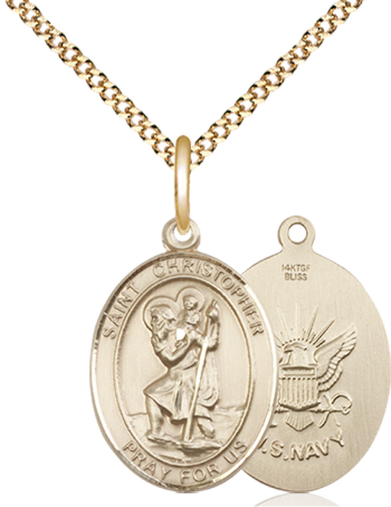 14kt Gold Filled Saint Christopher Navy Pendant on a 18 inch Gold Plate Light Curb chain