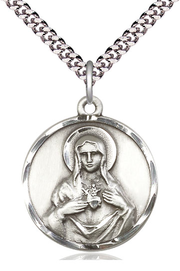 Sterling Silver Immaculate Heart of Mary Pendant on a 24 inch Light Rhodium Heavy Curb chain
