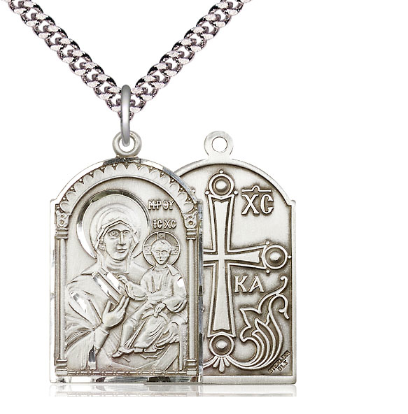 Sterling Silver Mother of God Pendant on a 24 inch Light Rhodium Heavy Curb chain