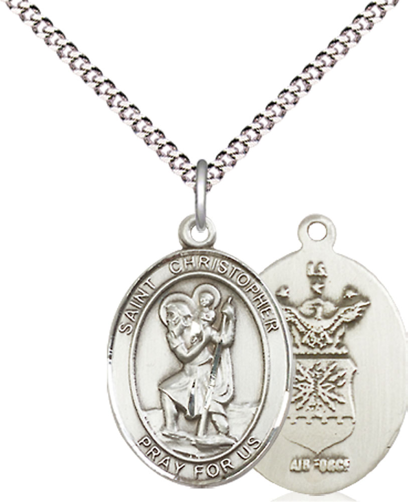 Sterling Silver Saint Christopher Air Force Pendant on a 18 inch Light Rhodium Light Curb chain