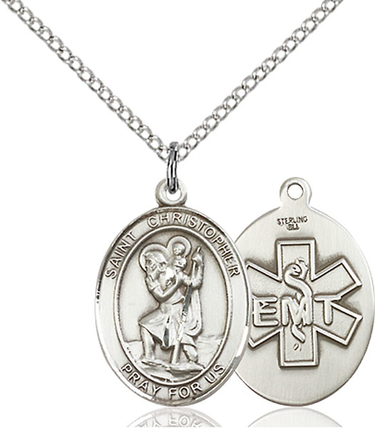 Sterling Silver Saint Christopher EMT Pendant on a 18 inch Light Rhodium Light Curb chain