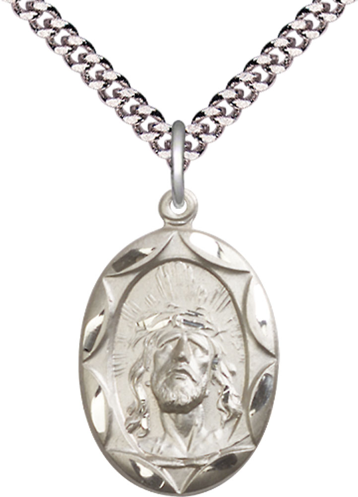 Sterling Silver Ecce Homo Pendant on a 24 inch Light Rhodium Heavy Curb chain