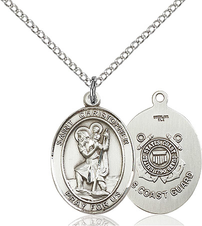 Sterling Silver Saint Christopher Coast Guard Pendant on a 18 inch Sterling Silver Light Curb chain