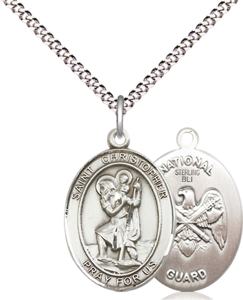 Sterling Silver Saint Christopher National Guard Pendant on a 18 inch Light Rhodium Light Curb chain