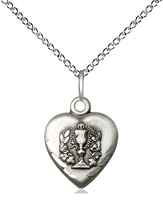 Sterling Silver Heart / Communion Pendant on a 18 inch Sterling Silver Light Curb chain
