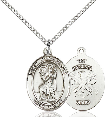 Sterling Silver Saint Christopher National Guard Pendant on a 18 inch Sterling Silver Light Curb chain