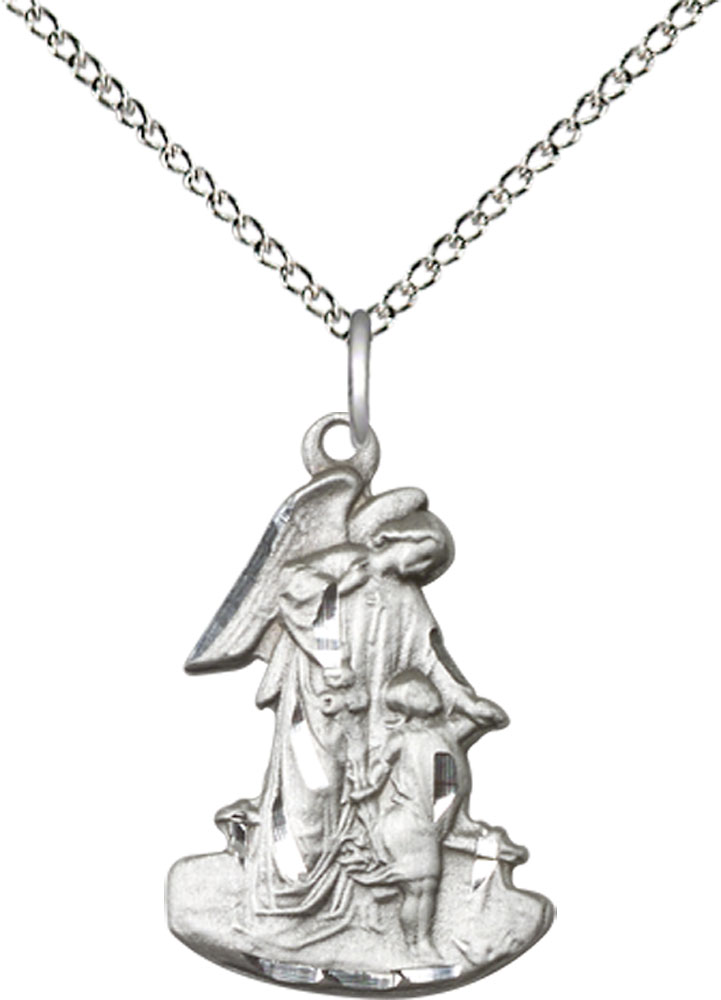 Sterling Silver Guardian Angel Pendant on a 18 inch Sterling Silver Light Curb chain