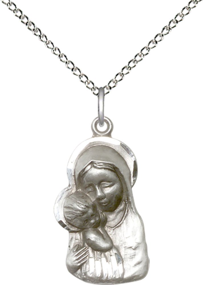Sterling Silver Madonna &amp; Child Pendant on a 18 inch Sterling Silver Light Curb chain