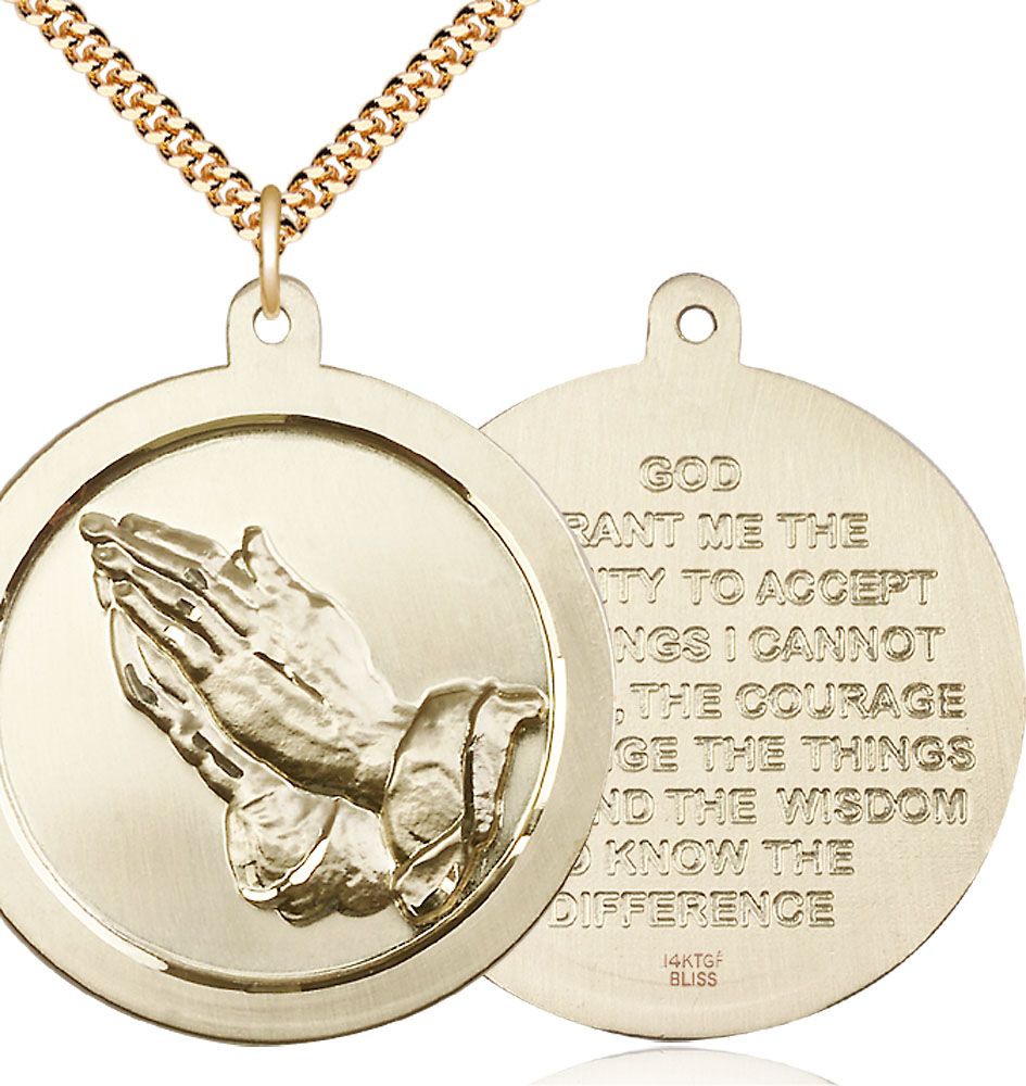 14kt Gold Filled Praying Hand Pendant on a 24 inch Gold Plate Heavy Curb chain