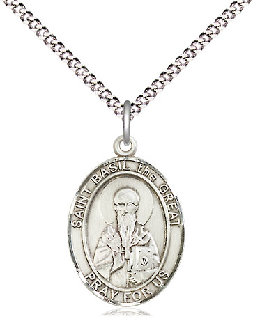Sterling Silver Saint Basil the Great Pendant on a 18 inch Light Rhodium Light Curb chain