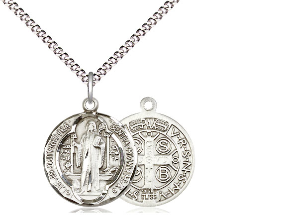 Sterling Silver Saint Benedict Pendant on a 18 inch Light Rhodium Light Curb chain