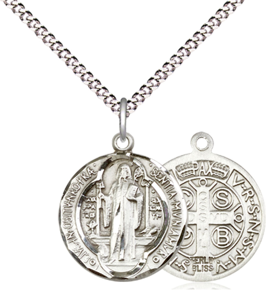 Sterling Silver Saint Benedict Pendant on a 18 inch Light Rhodium Light Curb chain
