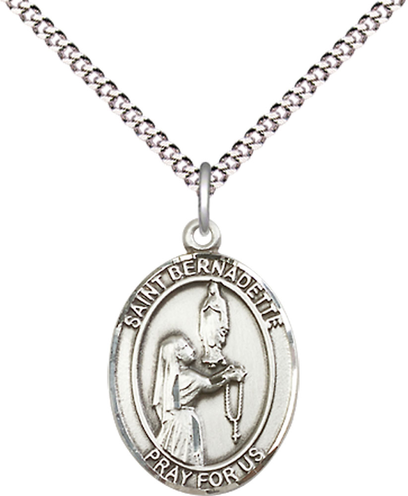 Sterling Silver Saint Bernadette Pendant on a 18 inch Light Rhodium Light Curb chain