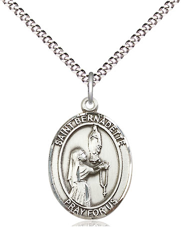 Sterling Silver Saint Bernadette Pendant on a 18 inch Light Rhodium Light Curb chain